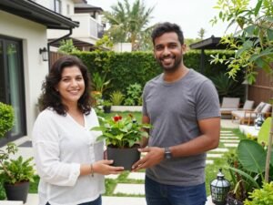 عميل سعيد يستعرض حديقته المنزلية التي صممها زراع الكويت