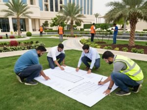 فريق من منسقي الحدائق يعملون في مشروع كبير لتنسيق حدائق فندق فاخر في الكويت