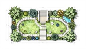 مخطط تصميم حديقة مع توزيع العناصر المختلفة تنسيق حدائق