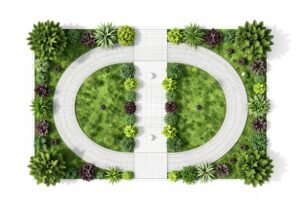مخطط تصميم حديقة يوضح مبادئ التوازن والتناسق في تنسيق حدائق