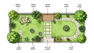 مخطط لتصميم حديقة منزلية صغيرة مع توضيح الخطوات