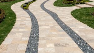 مسارات وممرات حجرية أنيقة في حديقة منسقة تنسيق حدائق