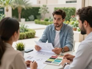 منسق حدائق 94080140 يشرح لعميل تفاصيل تصميم حديقة منزلية في الكويت