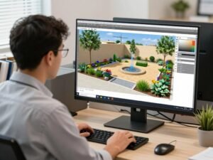 منسق حدائق يستخدم برامج التصميم ثلاثية الأبعاد لتصميم حديقة تناسب مناخ الكويت