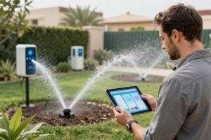 منسق حدائق يستخدم تطبيقات ذكية للتحكم في نظام ري آلي في حديقة بالكويت