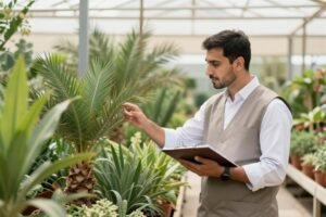 منسق حدائق يقوم باختيار النباتات المناسبة لمناخ الكويت الحار في مشتل متخصص