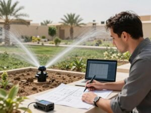 منسق حدائق يقوم بتصميم نظام ري ذكي لحديقة في الكويت لتوفير المياه في مناخ الكويت الحار
