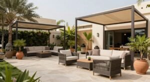 منطقة جلوس خارجية أنيقة مع أثاث مريح وعناصر زخرفية في حديقة منسقة تنسيق حدائق