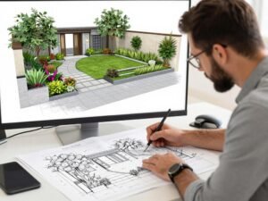 مهندس تنسيق حدائق الكويت يعمل على تصميم حديقة منزلية