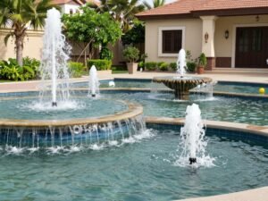 نافورة جميلة وعناصر مائية في حديقة منزلية تنسيق حدائق