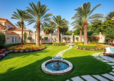 تنسيق حدائق الرومانسية - حديقة منزلية فاخرة مع مساحات خضراء ونوافير