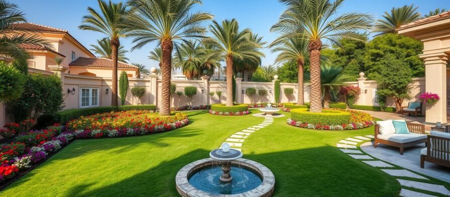 تنسيق حدائق الرومانسية - حديقة منزلية فاخرة مع مساحات خضراء ونوافير