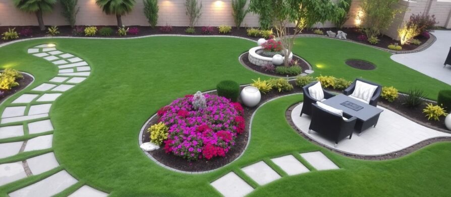 تنسيق حدائق السلام - حديقة منزلية جميلة مع مسطحات خضراء ومسارات حجرية