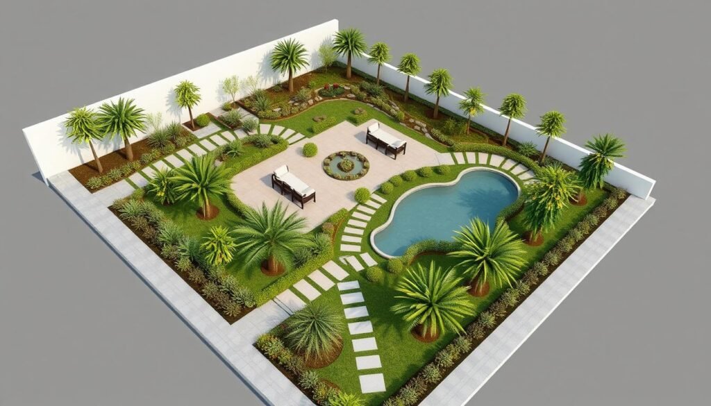 تنسيق حدائق الشامية - تصميم ثلاثي الأبعاد لمشروع حديقة منزلية