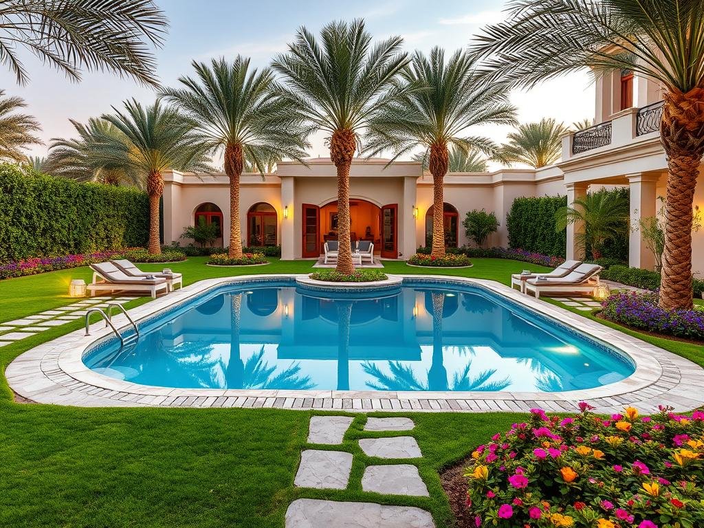 تنسيق حدائق الشامية - حديقة فيلا فاخرة مع مسبح ومسطحات خضراء
