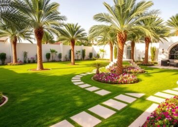 تنسيق حدائق الشامية - حديقة منزلية فاخرة مع مسطحات خضراء ومسارات حجرية