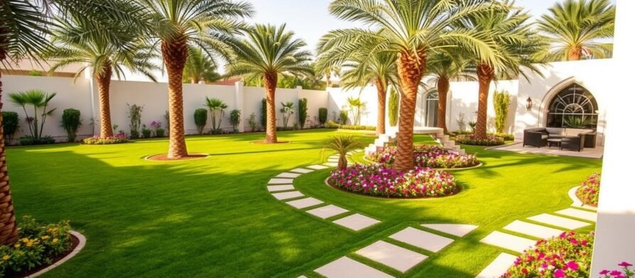 تنسيق حدائق الشامية - حديقة منزلية فاخرة مع مسطحات خضراء ومسارات حجرية