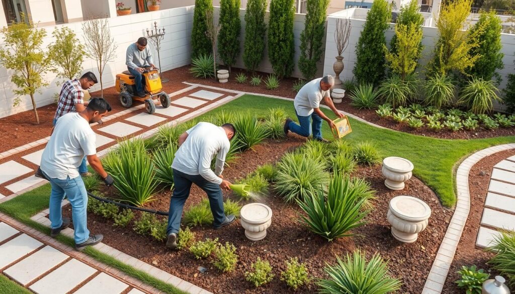 تنسيق حدائق الشامية - فريق العمل أثناء تنفيذ مشروع تنسيق حديقة