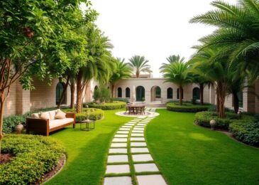 تنسيق حدائق بالكويت - حديقة منزلية جميلة مع مساحات خضراء ومقاعد للجلوس