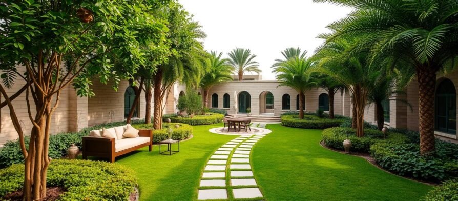 تنسيق حدائق بالكويت - حديقة منزلية جميلة مع مساحات خضراء ومقاعد للجلوس