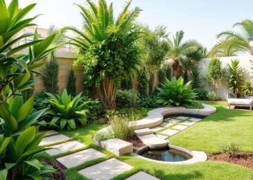 تنسيق حدائق مبارك الكبير - حديقة منزلية جميلة مع مساحات خضراء ومسارات حجرية