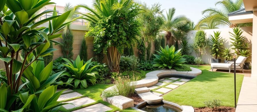 تنسيق حدائق مبارك الكبير - حديقة منزلية جميلة مع مساحات خضراء ومسارات حجرية