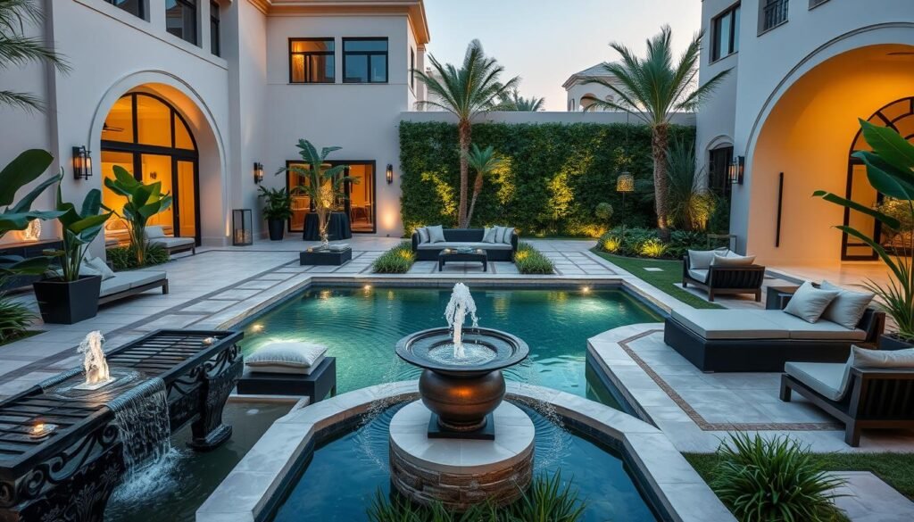 حديقة فيلا فاخرة مع عناصر مائية في حي السلام