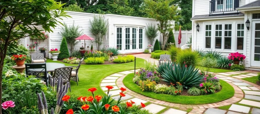 حديقة منزلية منسقة بشكل احترافي مع مساحات خضراء وجلسات مريحة تعكس أهمية تنسيق حدائق منزلية