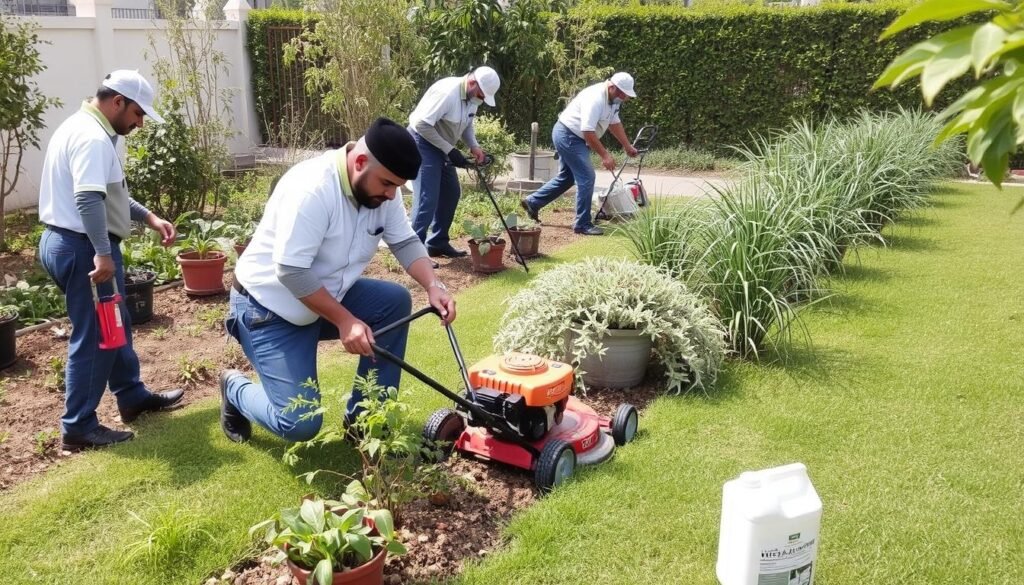 فريق صيانة الحدائق أثناء العمل في حي السلام