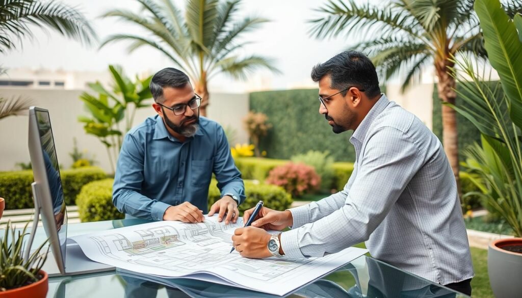 مهندس تنسيق حدائق محترف يعمل على تصميم حديقة في الكويت