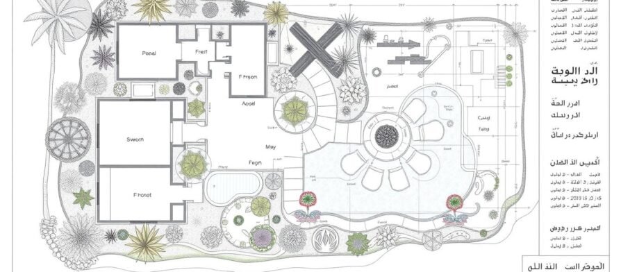 تخطيط تنسيق حدائق السالمية مع رسم توضيحي للمساحات والعناصر
