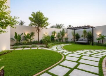 تصميم حديقة متكاملة في منطقة الصديق بالكويت مع مسارات حجرية ومساحات خضراء