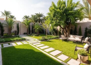 تصميم حديقة منزلية في اليرموك مع مساحات خضراء وجلسات خارجية