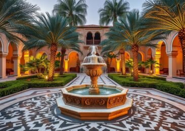 تنسيق حدائق عربية تقليدية مع عناصر تراثية ونافورة مياه