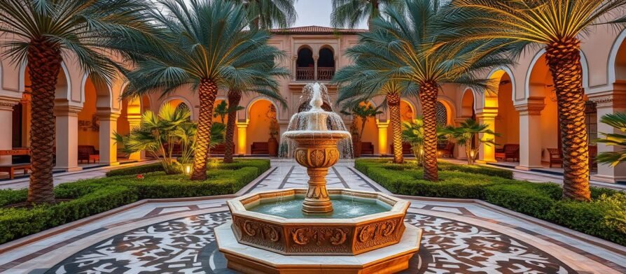 تنسيق حدائق عربية تقليدية مع عناصر تراثية ونافورة مياه
