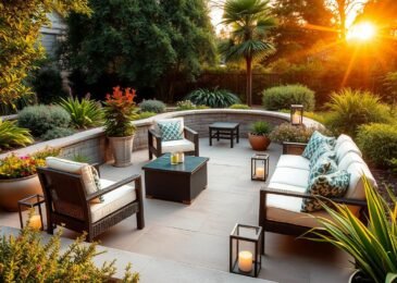 جلسة خارجية أنيقة مع إضاءة مميزة تحت ضوء الشمس الغاربة