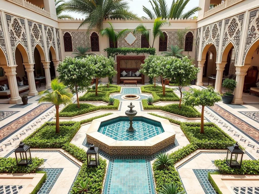 حديقة بتصميم إسلامي في المنصورية مع زخارف هندسية ونافورة مركزية