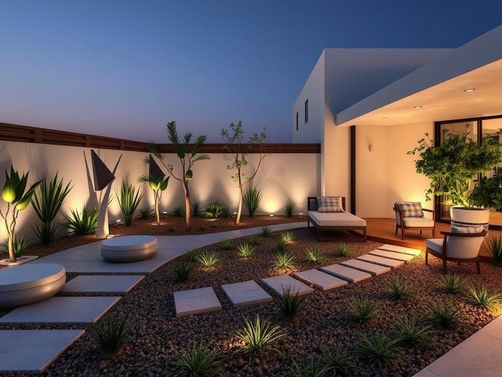 حديقة بتصميم عصري في المنصورية تظهر خطوط بسيطة ومواد حديثة