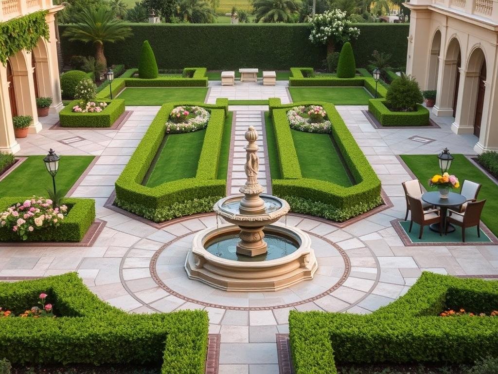 حديقة بتصميم كلاسيكي في المنصورية مع نافورة وممرات حجرية