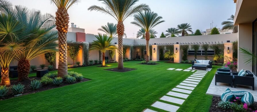 حديقة منزلية منسقة في الجابرية تظهر المساحات الخضراء والجلسات الخارجية
