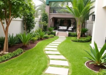 حديقة منزلية منسقة في العديلية تظهر التصميم العصري والنباتات المتنوعة