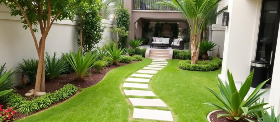 حديقة منزلية منسقة في العديلية تظهر التصميم العصري والنباتات المتنوعة