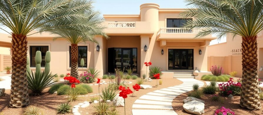حديقة منزلية منسقة في الكويت تظهر التكيف مع المناخ الصحراوي