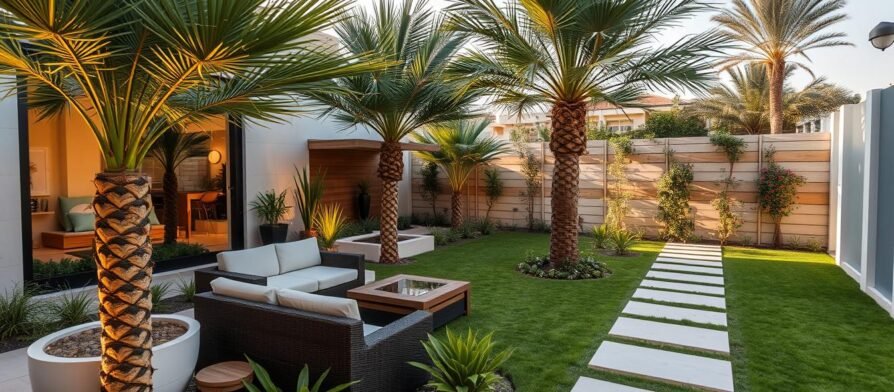 حديقة منزلية منسقة في سلوى تظهر التصميم العصري والنباتات المحلية