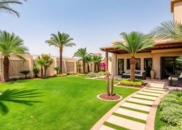 حديقة منزلية منسقة في كيفان بالكويت مع مساحات خضراء ومقاعد للجلوس