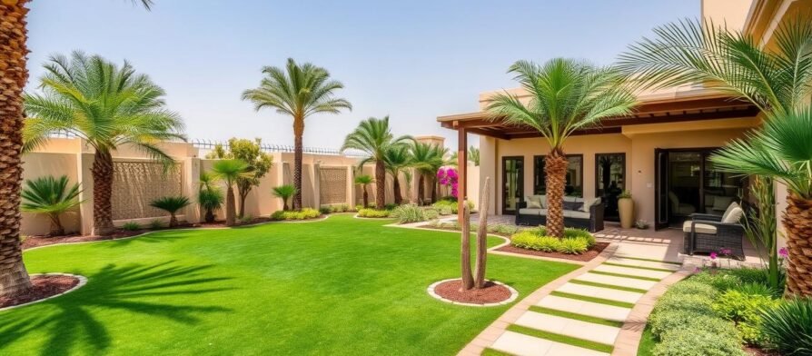 حديقة منزلية منسقة في كيفان بالكويت مع مساحات خضراء ومقاعد للجلوس