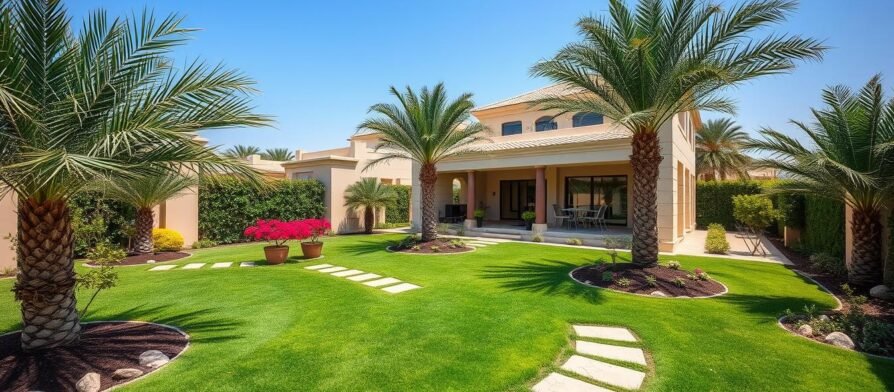 حديقة منزلية منسقة في منطقة الرميثية تظهر المساحات الخضراء والممرات الحجرية