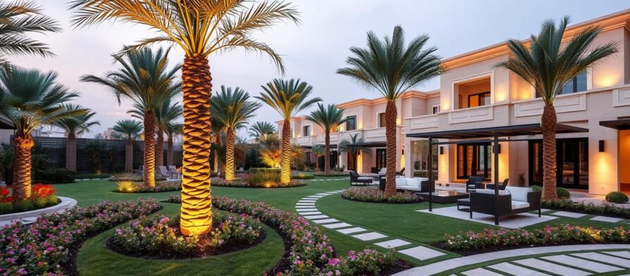 حديقة منسقة في منطقة المنصورية بالكويت تظهر تنسيق حدائق المنصورية