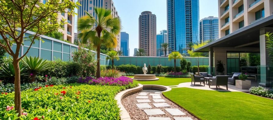 حديقة منسقة في منطقة حضرية بالعاصمة الكويت تظهر تنسيق حدائق العاصمة