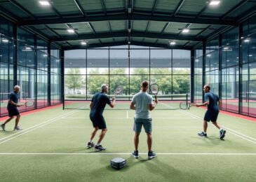 لاعبون يمارسون رياضة البادل في ملعب زجاجي محاط بجدران